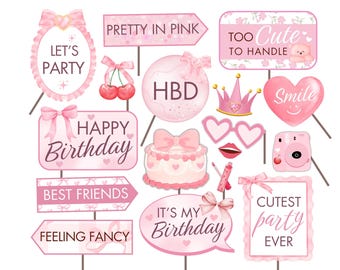 Pink Bow Birthday Photo Booth Props: Girly Party Decor (Digital Download)