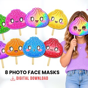 Utskrivbar ansiktsmask med glitterdumplingsfoto: Kawaii-matdekorationer till födelsedagsfesten