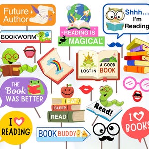 May include: A collection of colorful reading-themed photo booth props. Includes speech bubbles with text like "Shhh... I'm Reading" and "I Love Reading", along with bookworm and frog illustrations, open books, and a mustache.