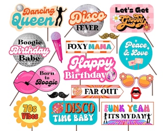 Disco Birthday Photo Booth Props: Retro 70s Party Decorations (PDF Printable)