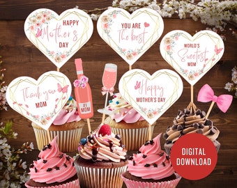 Happy Mother&#39;s Day Cupcake Toppers: Printable Heart Designs (PDF)