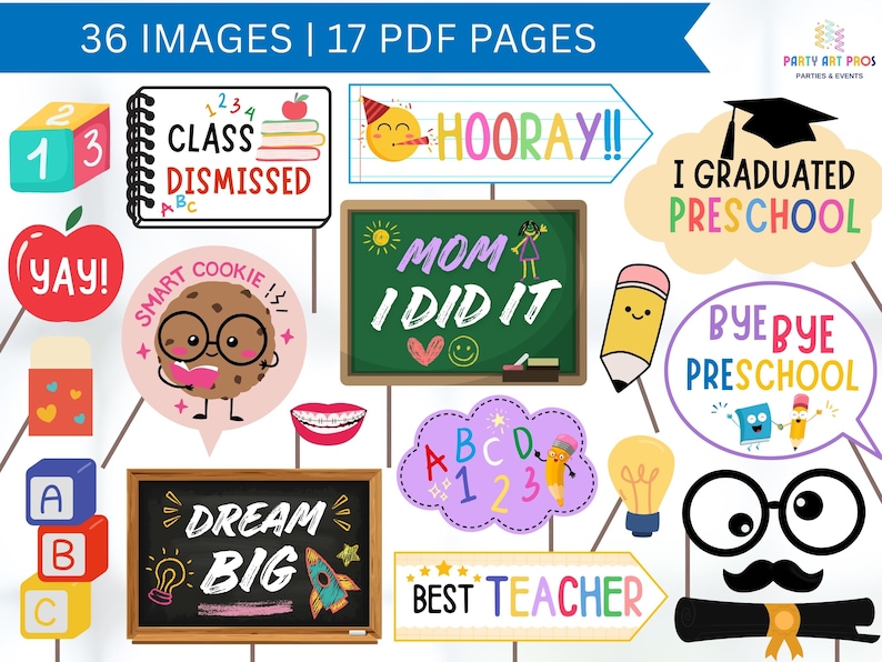 Preschool Graduation Photo Props Printable, Last Day of School Selfie Props, Graduation Party Decorations for Kids, Graduation Photobooth Props, End of School Props Photo Props, Instant Download