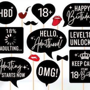 Adereços para cabine de fotos de festa de aniversário de 18 anos para impressão, adereços para festa de aniversário de 18 anos, ideias para festa de aniversário de 18 anos, decorações para festa de aniversário de 18 anos