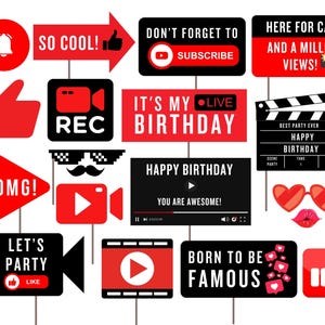 Adereços para festa de aniversário em mídias sociais, adereços para cabine de fotos de aniversário, adereços para festa de aniversário, tema de festa em mídias sociais, adereços para festa de criador de conteúdo