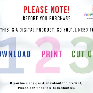 Może przedstawiać: Białe tło z tekstem "PLEASE NOTE! BEFORE YOU PURCHASE THIS IS A DIGITAL PRODUCT, SO YOU'LL NEED TO DOWNLOAD PRINT CUT OUT" w czarnym kolorze. Liczby 1, 2 i 3 są odpowiednio w kolorze niebieskim, r&oacute;żowym i zielonym, a pod każdą z nich znajdują się słowa "DOWNLOAD", "PRINT" i "CUT OUT" w czarnym kolorze.