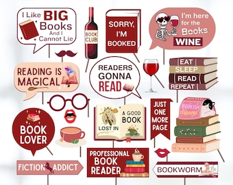Accesorios para fotomatón del club de lectura: Noche de vino y libros (Descarga digital, PDF)
