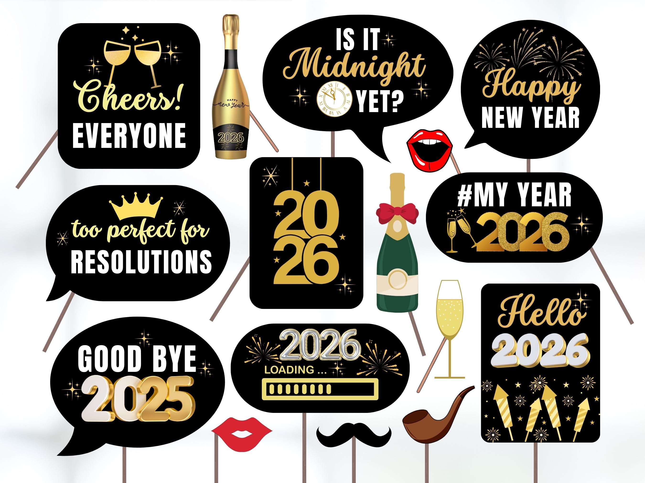 new years photo booth props printable, new years party props, new