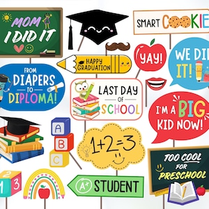 Accesorios imprimibles para fotos de graduación preescolar, accesorios para selfies del último día de clases, decoración para fiesta de graduación infantil, accesorios para fotomatón de graduación