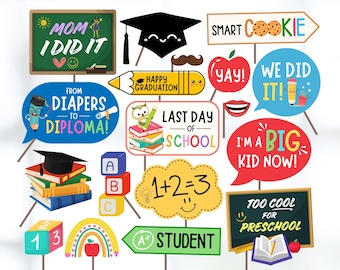 Rekwizyty do zdjęć na zakończenie roku szkolnego do druku, rekwizyty do selfie na ostatni dzień szkoły, dekoracje na imprezę ukończenia szkoły dla dzieci, rekwizyty do fotobudki na zakończenie roku szkolnego