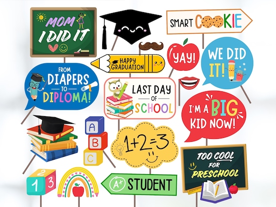 Preschool Graduation Photo Props Printable, Last Day of School Selfie Props, Graduation Party Decor for Kids, Graduation Photobooth Props