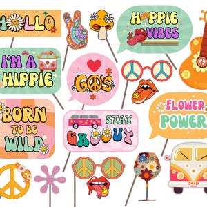 May include: A set of 12 colourful photo booth props with a 1960s and 1970s hippie theme. The props include a guitar, peace signs, flowers, and phrases like "Hello", "I'm a hippie", "Go's", "Born to be wild", "Stay groovy", "Flower power", and "Hippie vibes".