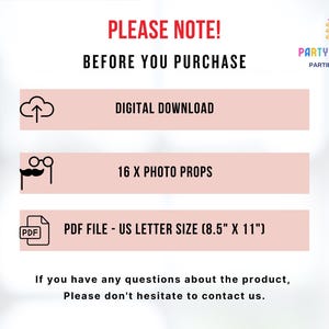 Może przedstawiać: Grafika w kolorze r&oacute;żowym i białym z tekstem "PLEASE NOTE! BEFORE YOU PURCHASE" w kolorze czerwonym. Grafika zawiera następujące informacje: "DIGITAL DOWNLOAD", "16 X PHOTO PROPS" oraz "PDF FILE - US LETTER SIZE (8.5" X 11")". Grafika zawiera r&oacute;wnież ikony: chmury ze strzałką skierowaną w g&oacute;rę, okular&oacute;w z wąsem oraz pliku PDF.