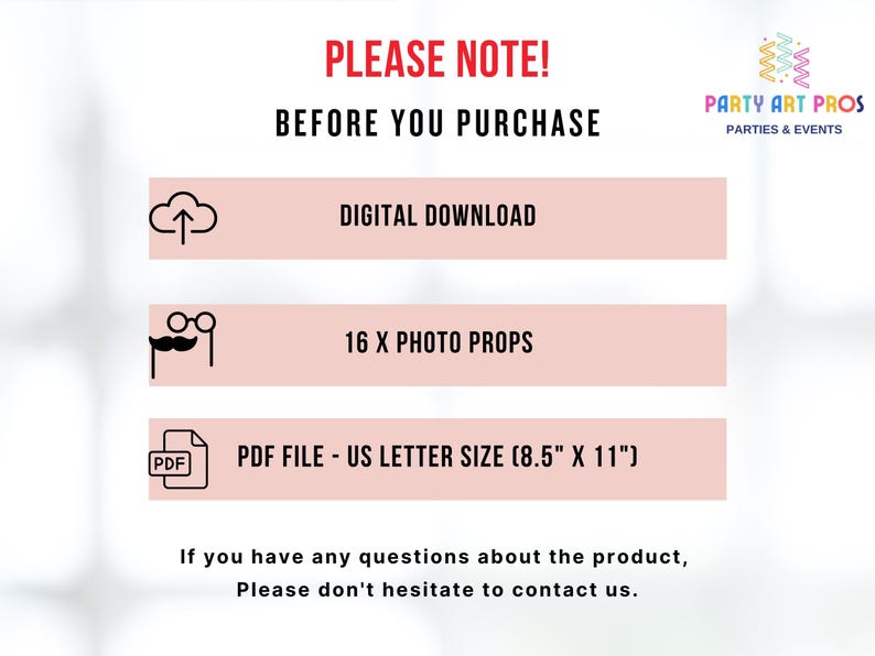 Może przedstawiać: Grafika w kolorze r&oacute;żowym i białym z tekstem "PLEASE NOTE! BEFORE YOU PURCHASE" w kolorze czerwonym. Grafika zawiera następujące informacje: "DIGITAL DOWNLOAD", "16 X PHOTO PROPS" oraz "PDF FILE - US LETTER SIZE (8.5" X 11")". Grafika zawiera r&oacute;wnież ikony: chmury ze strzałką skierowaną w g&oacute;rę, okular&oacute;w z wąsem oraz pliku PDF.