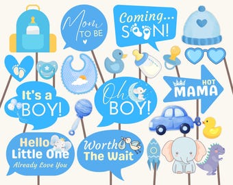 Rekwizyty do fotobudki na baby shower dla chłopca: 44 wzory (do druku w formacie PDF)