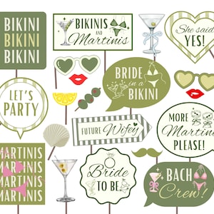 May include: A set of 12 green, white, and pink photo booth props with various sayings and images related to a bachelorette party. The props include sayings like "Let's Party", "Bride in a Bikini", "More Martini Please", and "Bach Crew!" as well as images of martini glasses, sunglasses, lips, and a bride.