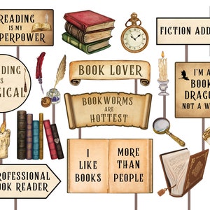 Pode incluir: Um conjunto de 12 sinais imprimíveis para amantes de livros com ilustrações caprichosas e textos como "Ler é meu superpoder", "Os vermes de livros são os mais quentes" e "Eu sou um dragão de livros, não um verme".