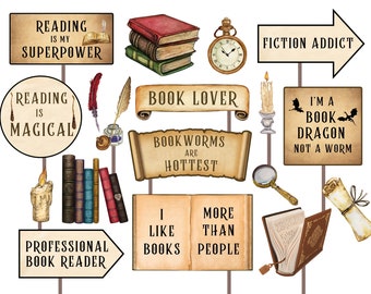 May include: A set of 12 printable book lover signs featuring whimsical illustrations and text such as "Reading is my superpower", "Bookworms are hottest", and "I'm a book dragon, not a worm".