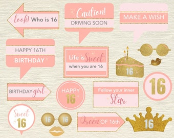 16th Birthday Girl Party Props, 16th Birthday Photobooth Props, Sweet 16th Birthday Party Props,  Birthday Photobooth Props Printable