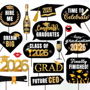 Accesorios para fotomatón de graduación: Decoraciones negras y doradas para la clase de 2026 (archivo PDF digital)
