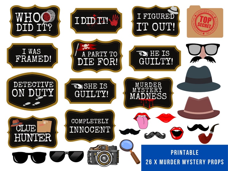 Printable Murder Mystery Party Props, Murder Mystery Party, Party Photobooth Props, Adult Party Props, Murder Mystery Party Props, Murder Mystery Photo Booth Props, Murder Mystery Party Ideas, Murder Mystery Party Decoration