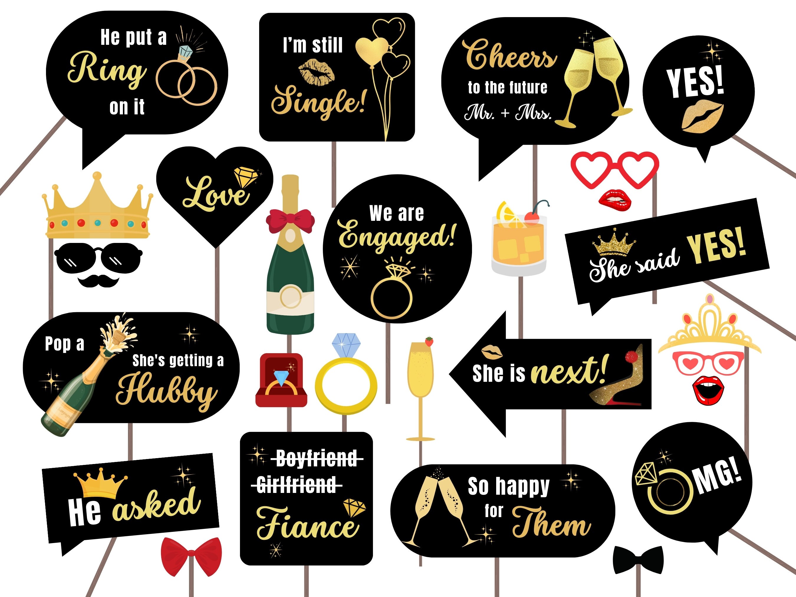 Engagement Photo Booth Props: 35 Printable Party Decorations (PDF)