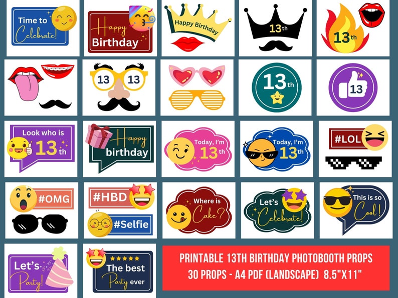 Printable 13th Birthday Photobooth Props, 13th Birthday Party Props ...