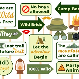 Adereços para fotos de despedida de solteira em acampamento: Decoração imprimível para festa de despedida de solteira (Download em PDF)