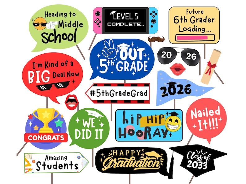 5th Grade Graduation Photo Booth Props, End of Year Party Decorations, Printable Grad Party Props, Class of 2032 Decor, Graduation Props, Graduation Decorations, Graduation Selfie Props, 5th Grade Grad Photo Props, Instant Download