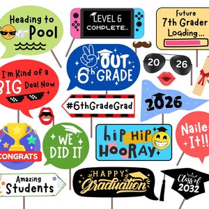 May include: A collection of colorful photo booth props on sticks. The props include speech bubbles with phrases like "Heading to Pool", "I'm Kind of a BIG Deal Now", and "Happy Graduation". Other props feature a video game console, sunglasses, and a graduation cap.