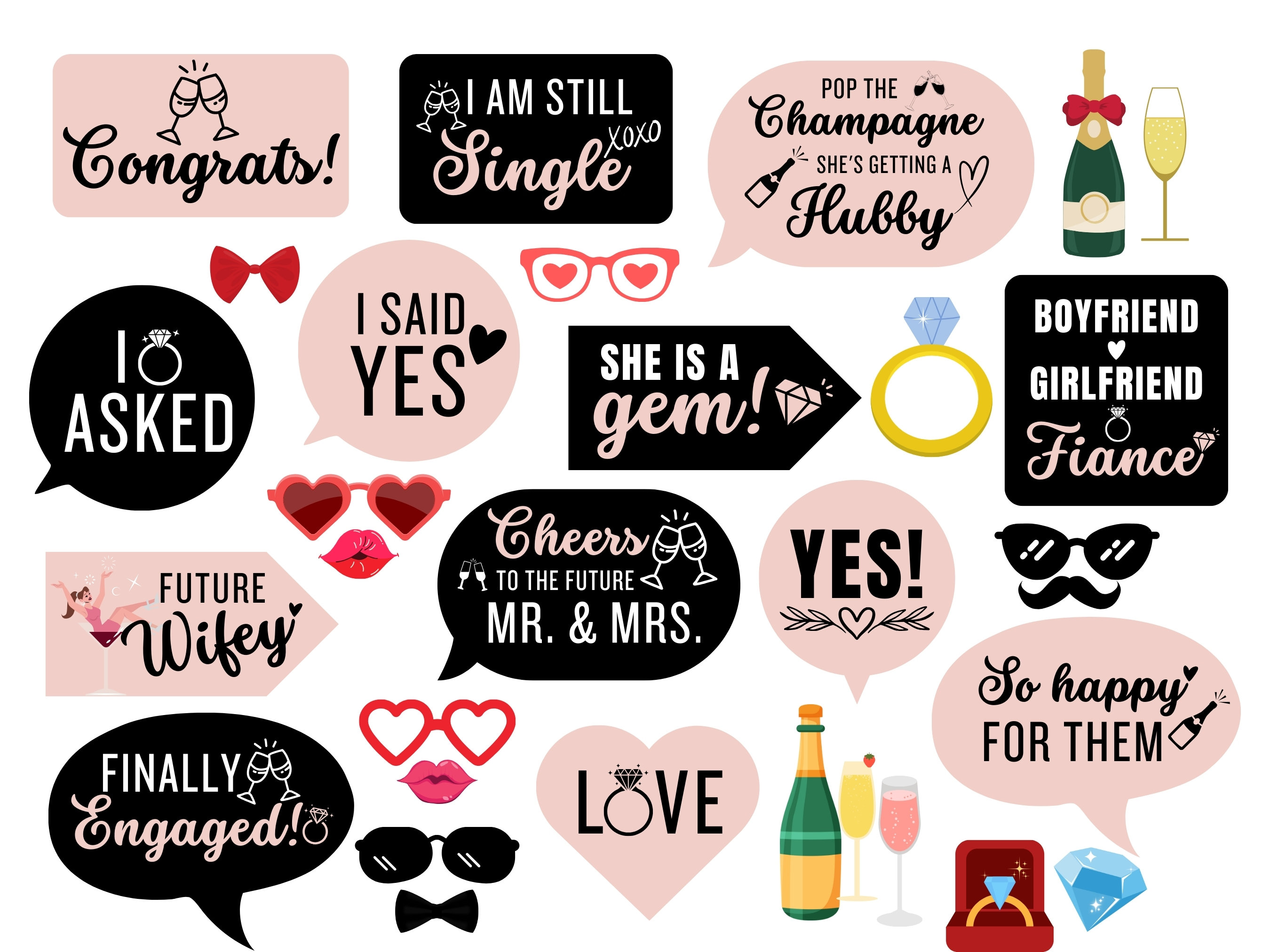 Engagement Photo Booth Props: 30 Piece Printable Set (digital Download ...