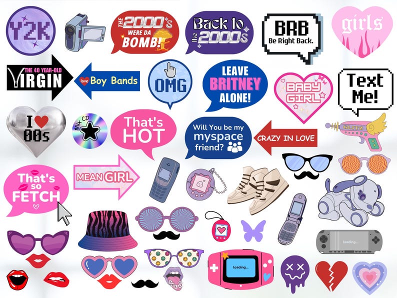 2000s Party Props Printable, Y2K Party Photo Props, Y2K 2000s Party Props, 00s Party Themed, 2000s Photobooth Props, I Love the 00s Party, Y2K Photobooth Props