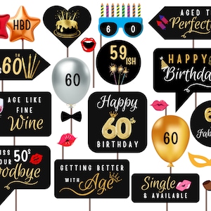 May include: A set of 16 black and gold photo booth props for a 60th birthday party. The props include a variety of fun and festive designs, such as balloons, glasses, hats, and signs. The props are perfect for adding a touch of fun to your 60th birthday celebration.