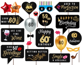 Puede incluir: Un conjunto de 16 accesorios de cabina de fotos negros y dorados para una fiesta de cumpleaños número 60. Los accesorios incluyen una variedad de diseños divertidos y festivos, como globos, gafas, sombreros y letreros. Los accesorios son perfectos para agregar un toque de diversión a tu celebración de cumpleaños número 60.