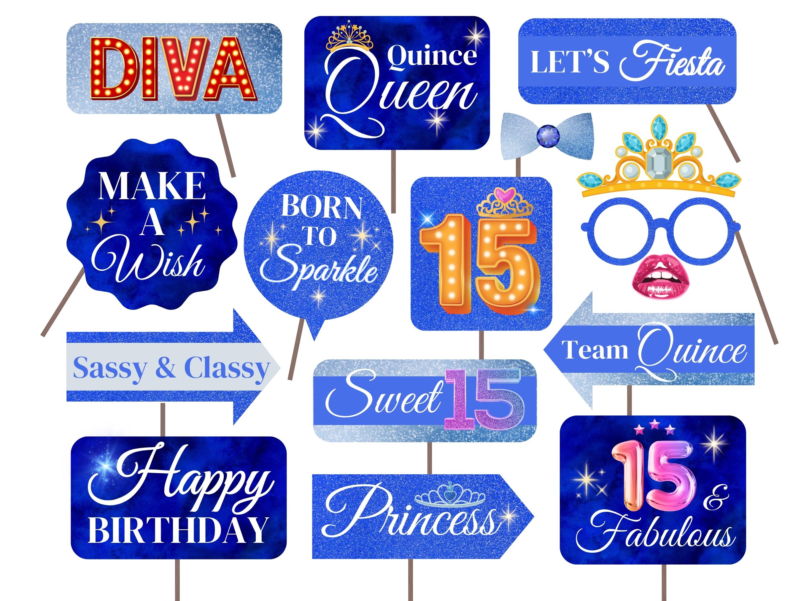 Blue Quinceañera Photo Booth Props: Sweet 15 Party (Digital Download)