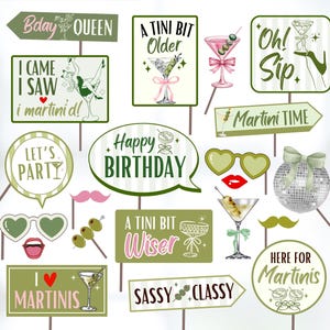 May include: A collection of martini-themed photo booth props in various shapes and sizes. The props include signs with phrases like "Happy Birthday," "Martini Time," and "Sassy Classy." There are also martini glasses, mustaches, and heart-shaped sunglasses.