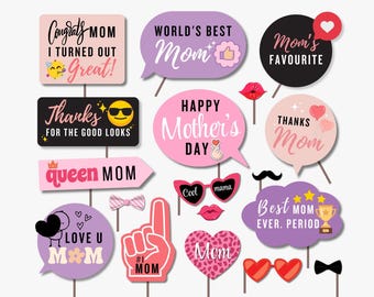 Funny Mother's Day Photo Booth Props: We Love Mom Party Decorations Printable (Digital PDF File)