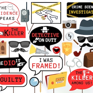 May include: A set of 12 printable photo booth props for a murder mystery party. The props feature phrases like "The Killer", "I Was Framed", and "Guilty". There are also props that look like a detective's badge, a magnifying glass, and handcuffs.