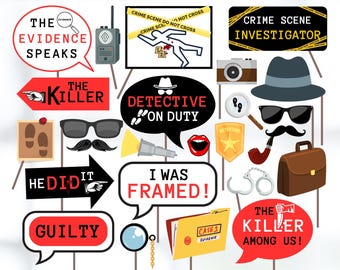 Accesorios imprimibles para fiestas temáticas de detectives, accesorios para fotomatón de misterio y asesinato, accesorios para fiestas de crímenes reales, accesorios para fotos de espías, decoración para fiestas de cumpleaños de detectives