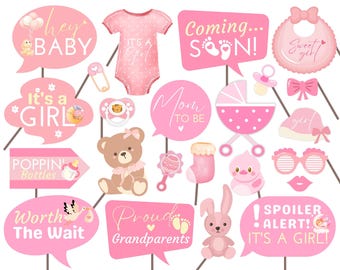 Rekwizyty do fotobudki na baby shower dla dziewczynek: Różowa dekoracja imprezowa (do wydrukowania)
