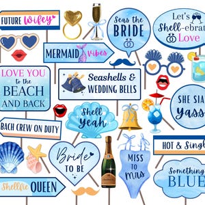 May include: A collection of blue and white photo booth props with text like "Future Wifey," "Seas the Bride," and "Something Blue." Includes seashell, champagne bottle, and heart-shaped designs, perfect for a wedding or bachelorette party.