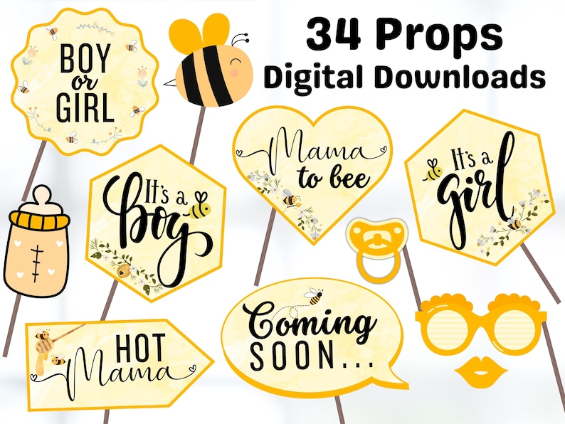 Bee Baby Shower Photo Booth Props Printable (digital Download) - Etsy