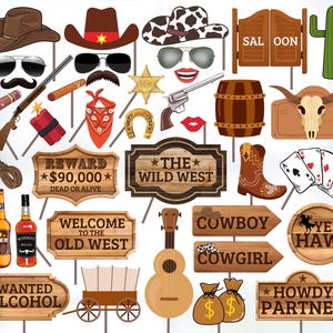 50 pezzi di accessori per photobooth western stampabili, accessori per feste da cowboy del selvaggio West, decorazioni per feste a tema western, accessori per foto per feste da cowboy e cowgirl