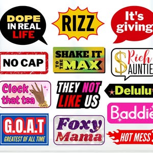 May include: A collection of colorful speech bubble graphics with various phrases. Phrases include "DOPE IN REAL LIFE", "RIZZ", "It's giving", "NO CAP", "SHAKE IT TO THE MAX", "Rich Auntie", "Clock that tea", "THEY NOT LIKE US", "Delulu", "Baddie", "G.O.A.T", "Foxy Mama", and "HOT MESS".