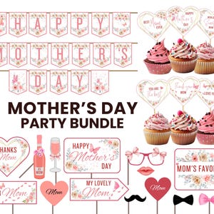 Mother&#39;s Day Party Decorations: Banner, Props, Cupcake Toppers (PDF)