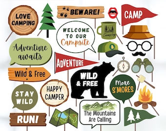 Camping Photo Booth Props: Outdoor Adventure Party Decorations (PDF Downloadable Set, 30 Images)