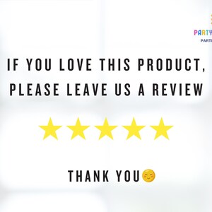 以下が含まれることがあります： 白い背景に黒い文字で「IF YOU LOVE THIS PRODUCT, PLEASE LEAVE US A REVIEW.」と書かれています。テキストの下には黄色の星が5つあり、星のすぐ下には「THANK YOU」というテキストと黄色の笑顔の顔があります。