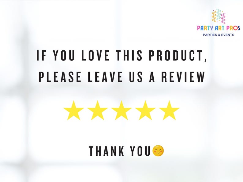 以下が含まれることがあります： 白い背景に黒い文字で「IF YOU LOVE THIS PRODUCT, PLEASE LEAVE US A REVIEW.」と書かれています。テキストの下には黄色の星が5つあり、星のすぐ下には「THANK YOU」というテキストと黄色の笑顔の顔があります。