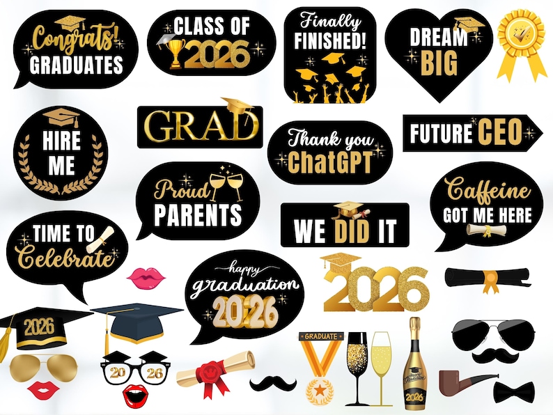 Graduation Photo Booth Props: Class of 2026 Black & Gold Party ...