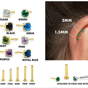 20G/18G/16G 1.5mm-2mm Push Pin Labret • Threadless Flat Back Earring • Tragus Stud • Helix Stud • CZ Stud • Cartilage Earring • Nose Stud