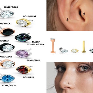 20G/18G/16G Marquise Push Pin Labret • Threadless Flat Back Earring • Tragus Stud • Helix Stud • CZ Stud • Cartilage Stud • Nose Stud